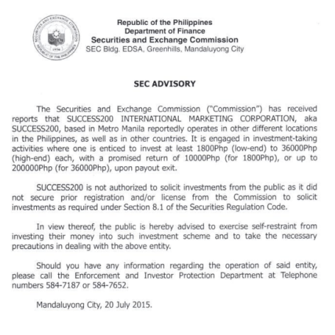 Success200 SEC Advisory