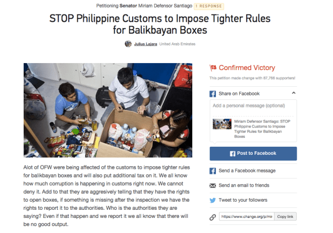 Balikbayan boxes Change.org petition - Confirmed Victory