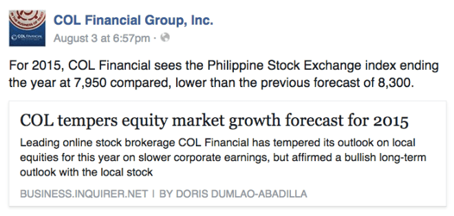 COL Financial downgrades 2015 yearend forecast