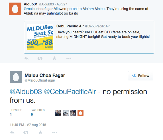 Reply of an executive of Eat Bulaga production company to tweet about Cebu Pacific Aldub promo