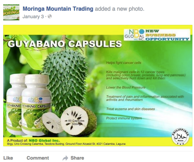 Moringa Mountain Trading made Guyabano capsules for the now collapsed MLM company NBO Global