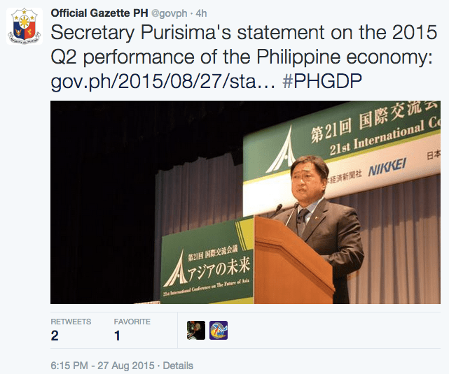 Tweet on Secretary of Finance Cesar Purisima's statement on the economy's Q2 growth 