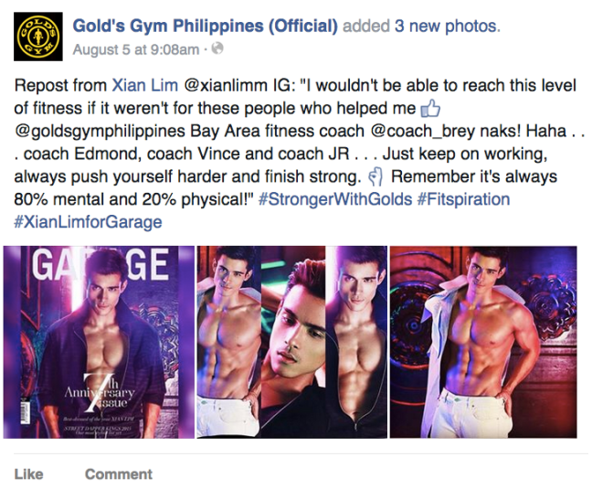 Xian Lim thanks Golds Gym Philippines for his body